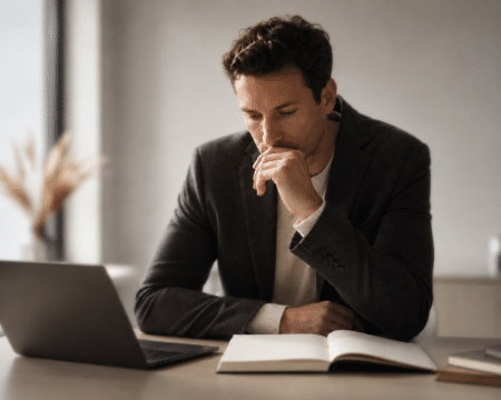 Profesional reflexionando frente a laptop y libreta sobre pensamiento crítico e inteligencia artificial